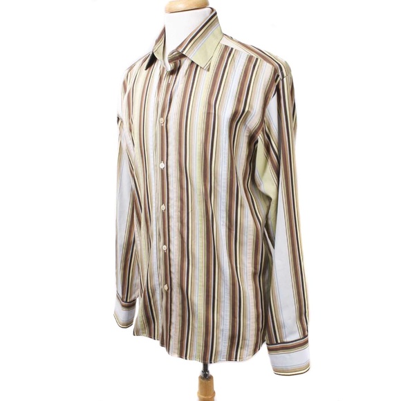 TED BAKER Brown Striped Long Sleeve Button Dress Shirt - Picture 2 of 5
